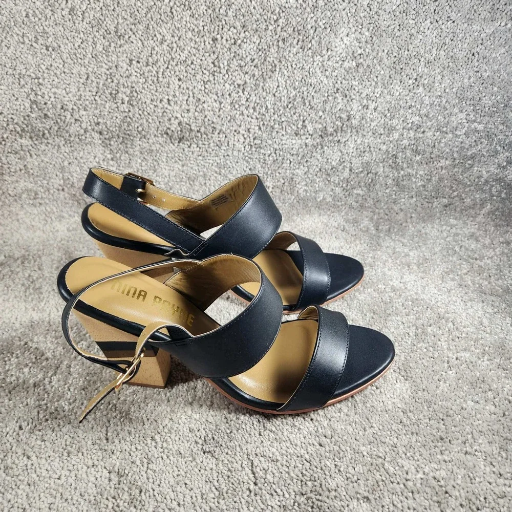 Nina Payne Elena Sandals Black Leather Striped Wood Block Heel Womens 40 (9.5)